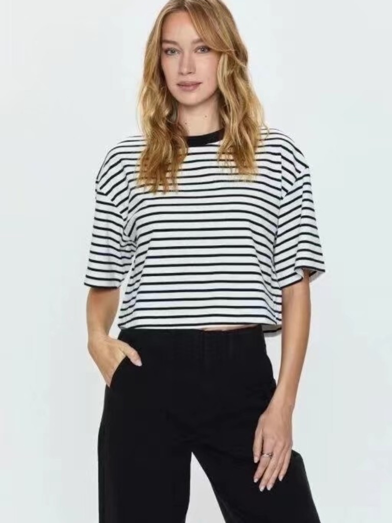 Pistola Mae Black White Striped Cropped Tee